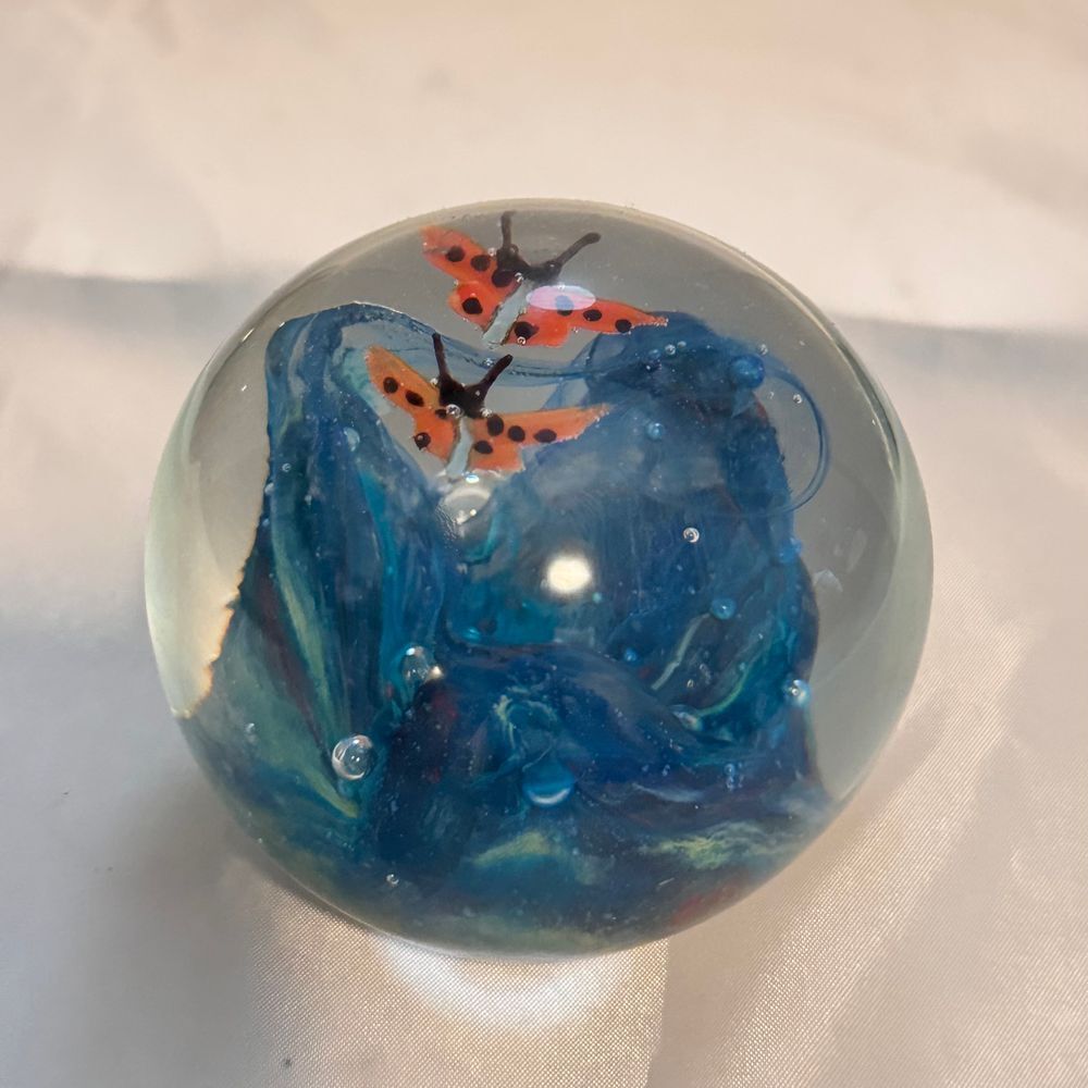Handcrafted Glass Paperweight with Orange Butterflies Blue Swirl Art‎ Desk Decor